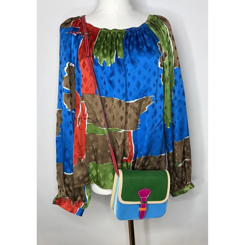 Tory Burch Silk Off The Shoulder Blouse Blue Green Abstract Print 73951 Size 6